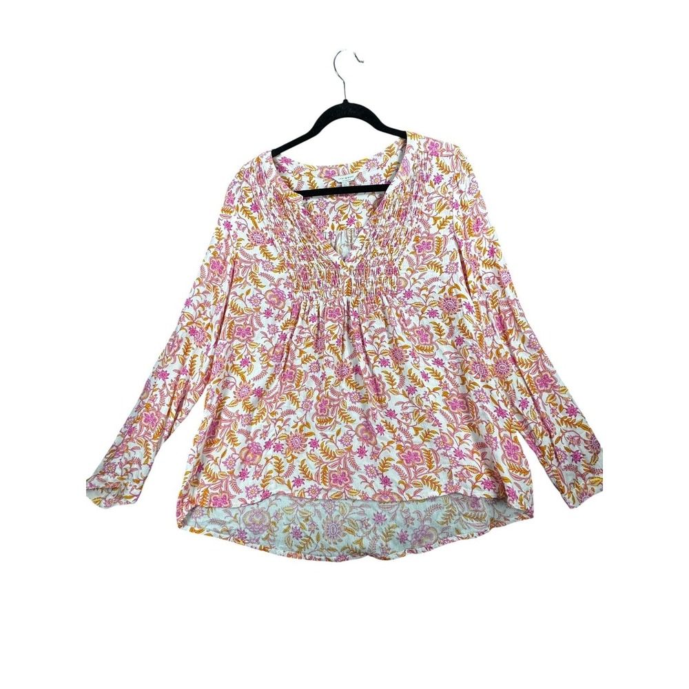 Lucky Brand Floral Boho Blouse Large Pink Orange Smocked Peasant Top LS - Picture 2 of 12